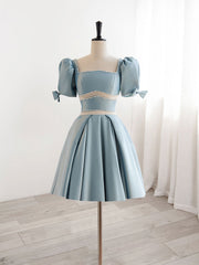 Bridesmaid Dresses Blue, A-Line Square Neckline Blue Short Prom Dress, Cute Blue Homecoming Dress