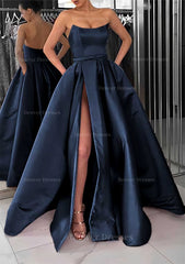 Party Dress Silk, A-line Square Neckline Long/Floor-Length Satin Prom Dress With Pockets Split