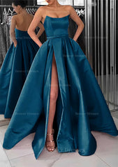 Party Dress Dames, A-line Square Neckline Long/Floor-Length Satin Prom Dress With Pockets Split