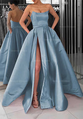 Party Dress Big Size, A-line Square Neckline Long/Floor-Length Satin Prom Dress With Pockets Split