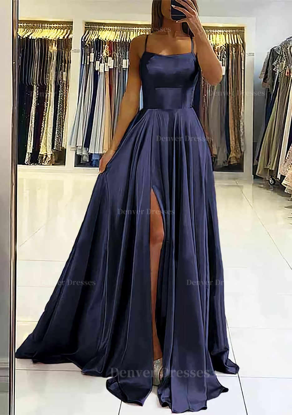 Formal Dresses For Weddings Near Me, A-line Square Neckline Sleeveless Satin Sweep Train Prom Dress With Pleated