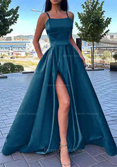 Formal Dresses Near Me, A-line Square Neckline Spaghetti Straps Long/Floor-Length Satin Prom Dress With Split Pockets
