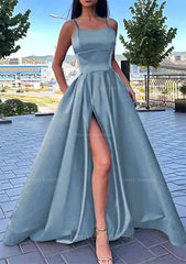 Formal Dress Shop Near Me, A-line Square Neckline Spaghetti Straps Long/Floor-Length Satin Prom Dress With Split Pockets