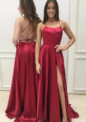 Prom Dress Blue Lace, A-line Square Neckline Spaghetti Straps Sweep Train Charmeuse Prom Dress With Pockets Split