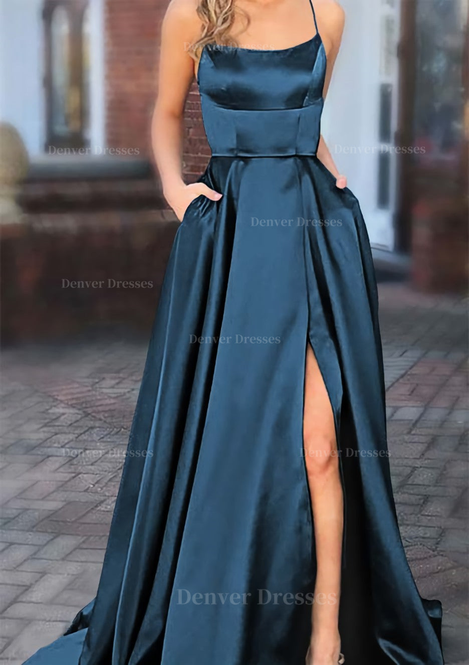 Prom Dress Country, A-line Square Neckline Spaghetti Straps Sweep Train Charmeuse Prom Dress With Pockets Split