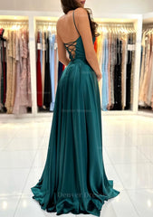 Prom Dresses 2046 Fashion Outfit, A-line Square Neckline Spaghetti Straps Sweep Train Charmeuse Prom Dress With Split