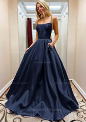 Prom Dress Affordable, A-line Square Neckline Spaghetti Straps Sweep Train Satin Prom Dress With Beading Pockets