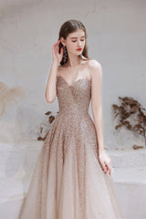 Formal Dress Shopping, A Line Strapless Beading Tulle Court Train Prom Dresses