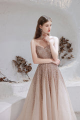 Formal Dresses For Sale, A Line Strapless Beading Tulle Court Train Prom Dresses
