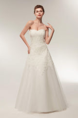 Wedding Dressed Boho, A Line Strapless Ivory Lace Floor Length Wedding Dresses