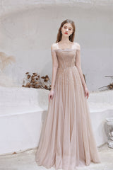 Night Out Outfit, A-Line Strapless Off The Shoulder Lace Up Beading Tulle Long Prom Dresses