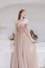 Party Dress Man, A-Line Strapless Off The Shoulder Lace Up Beading Tulle Long Prom Dresses