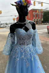 Tulle Dress, A-line Strapless Puff Long Sleeves Beaded Appliques Long Formal Prom Dress