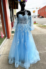 Winter Formal Dress Short, A-line Strapless Puff Long Sleeves Beaded Appliques Long Formal Prom Dress