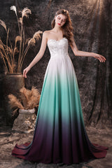 Homecoming Dresses Baby Blue, A Line Strapless Sleeveless Appliques Ombre Silk Like Satin Sweep Train Prom Dresses
