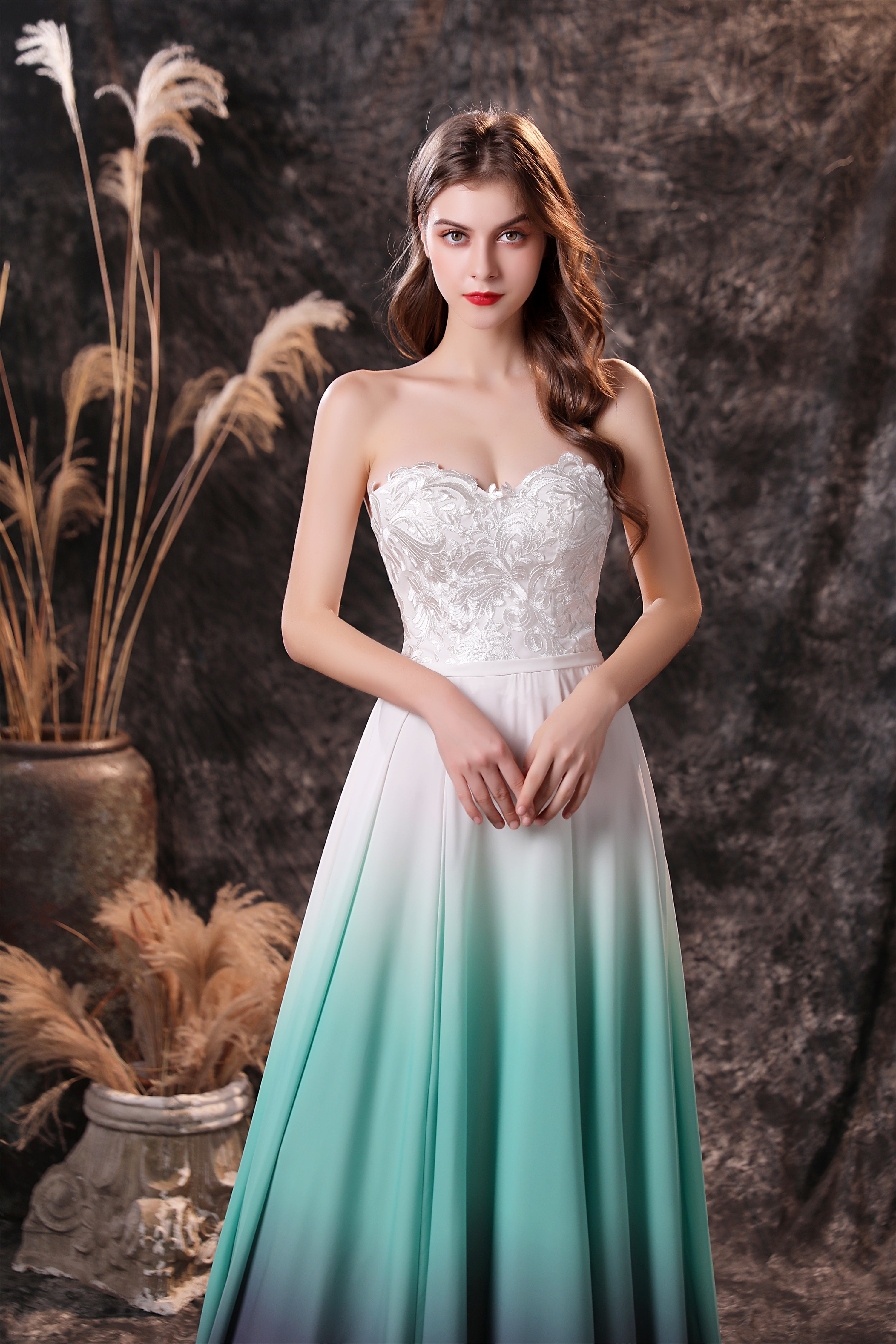Homecoming Dresses Modest, A Line Strapless Sleeveless Appliques Ombre Silk Like Satin Sweep Train Prom Dresses