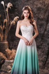 Homecoming Dresses Modest, A Line Strapless Sleeveless Appliques Ombre Silk Like Satin Sweep Train Prom Dresses
