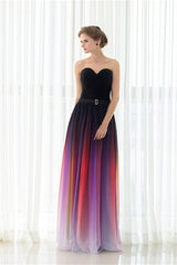 Party Dresses Formal, A Line Strapless Sleeveless Colorful Chiffon Floor Length Prom Dresses With Belt