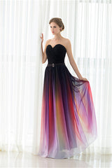 Party Dress Formal, A Line Strapless Sleeveless Colorful Chiffon Floor Length Prom Dresses With Belt