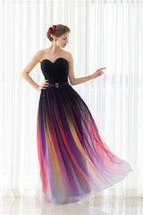 Party Dress Shop Near Me, A Line Strapless Sleeveless Colorful Chiffon Floor Length Prom Dresses With Belt
