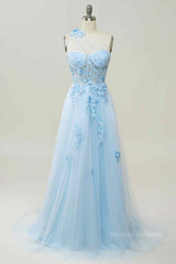Formal Dresses Ball Gown, A-line Strapless Tulle Applique Long Prom Dress