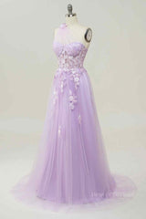 Formal Dress Outfit, A-line Strapless Tulle Applique Long Prom Dress