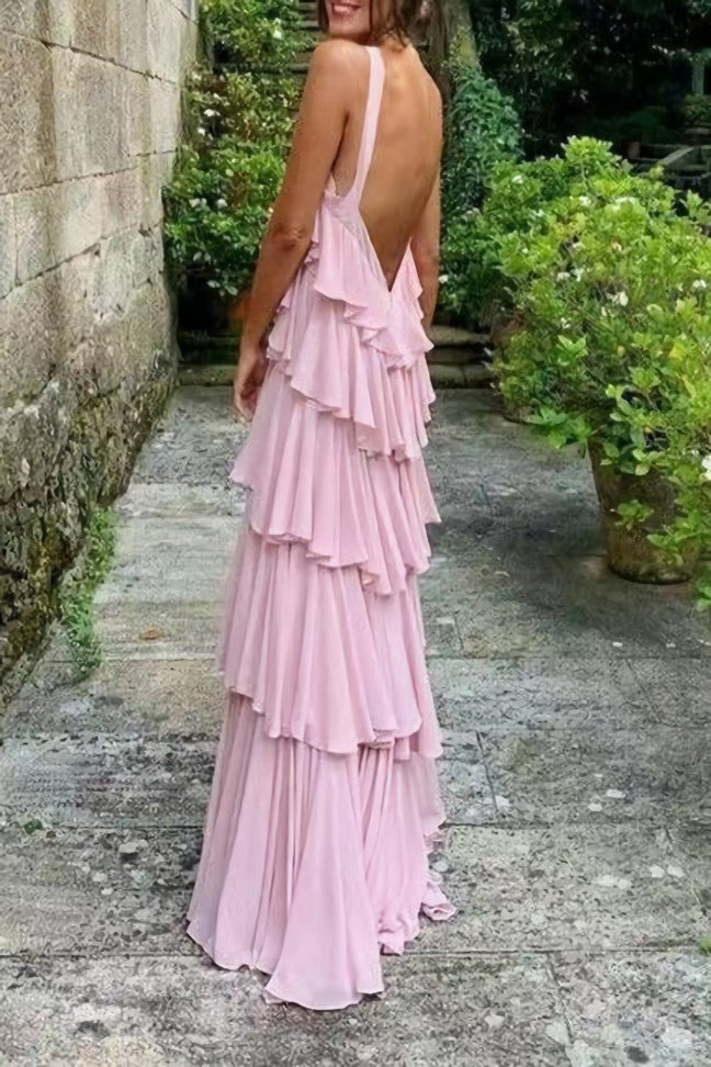 Prom Dresses Unique, A Line Straps Tiered Chiffon Floor Length Long Prom Dress Pink Formal Evening Dresses