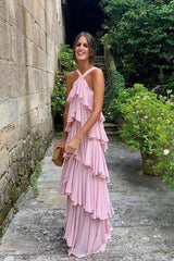 Prom Dress Unique, A Line Straps Tiered Chiffon Floor Length Long Prom Dress Pink Formal Evening Dresses