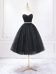 Bridesmaid Dress Blushes, A-Line Sweetheart Neck Black Short Prom Dress, Black Formal Evening Dresses