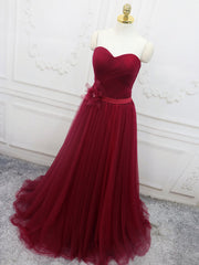Party Dress Style, A-Line Sweetheart Neck Burgundy Long Prom Dress, Burgundy Bridesmaid Dress