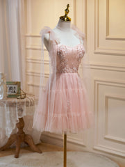 Party Dress Shiny, A Line Sweetheart Neck Pink Short Prom Dresses, Formal Puffy Pink Homecoming Dress with Lace Applique Beading