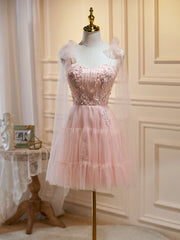 Party Dresses White, A Line Sweetheart Neck Pink Short Prom Dresses, Formal Puffy Pink Homecoming Dress with Lace Applique Beading