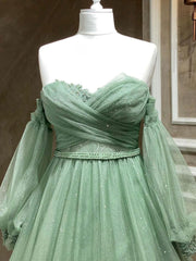 Wedding, A-Line Sweetheart Neck Tulle Green Long Prom Dress, Green Formal Evening Dress