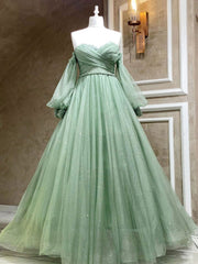 Bridesmaids Dresses Red, A-Line Sweetheart Neck Tulle Green Long Prom Dress, Green Formal Evening Dress