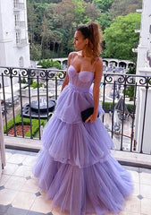 Party Dress On Sale, A-line Sweetheart Sleeveless Long/Floor-Length Tulle Prom Dress With Ruffles