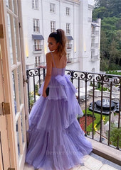 Party Dresses Formal, A-line Sweetheart Sleeveless Long/Floor-Length Tulle Prom Dress With Ruffles