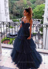 Party Dress Formal, A-line Sweetheart Sleeveless Long/Floor-Length Tulle Prom Dress With Ruffles