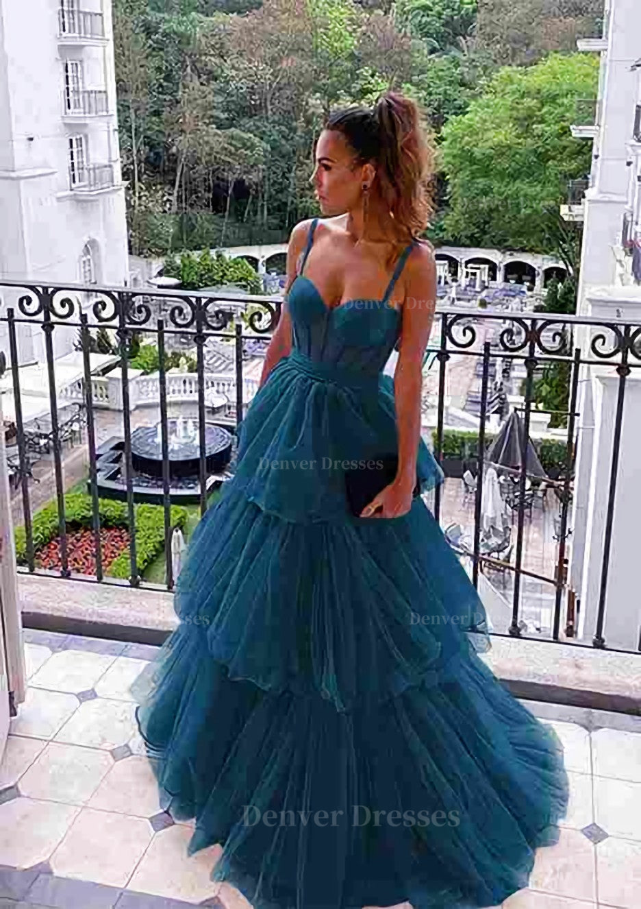 Party Dress Shops Near Me, A-line Sweetheart Sleeveless Long/Floor-Length Tulle Prom Dress With Ruffles