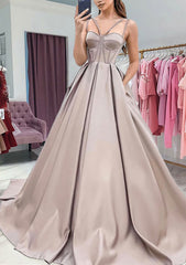 Party Dress Inspo, A-line Sweetheart Sleeveless Satin Sweep Train Prom Dress With Pockets