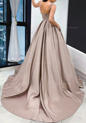 Party Dresses For 42 Year Olds, A-line Sweetheart Sleeveless Satin Sweep Train Prom Dress With Pockets