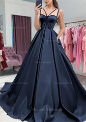 Party Dress Size 40, A-line Sweetheart Sleeveless Satin Sweep Train Prom Dress With Pockets