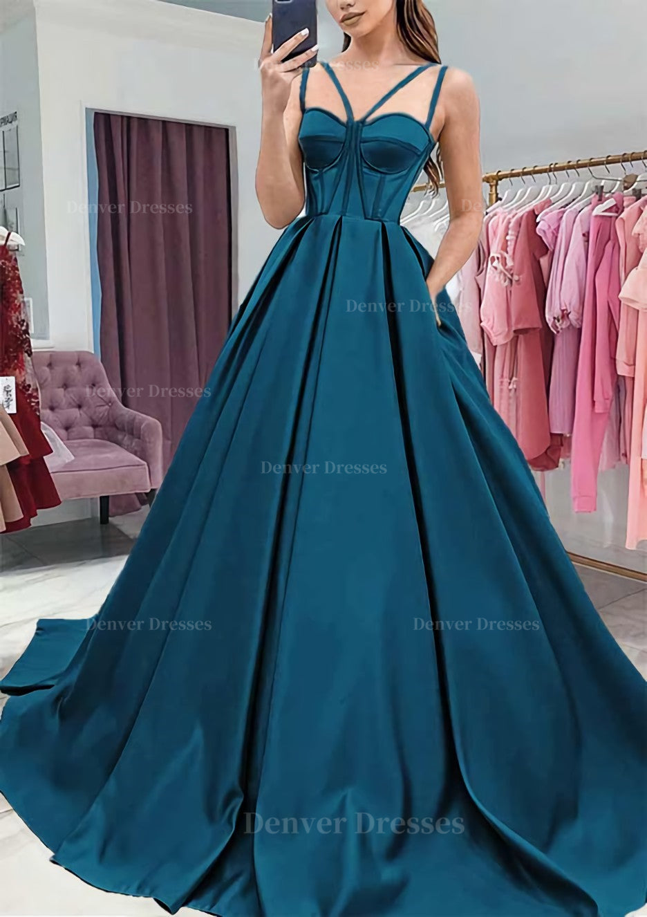 Party Dresses Size 40, A-line Sweetheart Sleeveless Satin Sweep Train Prom Dress With Pockets