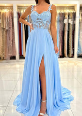 Formal Dresses For Girls, A-line Sweetheart Sleeveless Sweep Train Chiffon Prom Dress With Appliqued Split