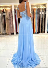 Formal Dresses With Sleeves For Weddings, A-line Sweetheart Sleeveless Sweep Train Chiffon Prom Dress With Appliqued Split