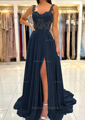 Formal Dresses For Weddings Mothers, A-line Sweetheart Sleeveless Sweep Train Chiffon Prom Dress With Appliqued Split