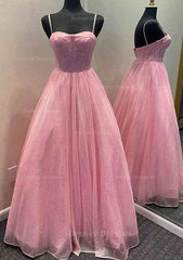 Prom Dresses For Warm Weather, A-line Sweetheart Spaghetti Straps Long/Floor-Length Glitter Prom Dress With Pockets