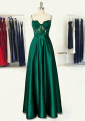 Bridesmaid Dress Elegant, A-line Sweetheart Spaghetti Straps Long/Floor-Length Satin Prom Dress With Appliqued Pockets