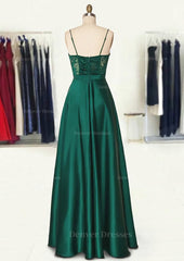 Bridesmaid Dress Formal, A-line Sweetheart Spaghetti Straps Long/Floor-Length Satin Prom Dress With Appliqued Pockets