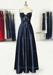 Bridesmaids Dresses Formal, A-line Sweetheart Spaghetti Straps Long/Floor-Length Satin Prom Dress With Appliqued Pockets