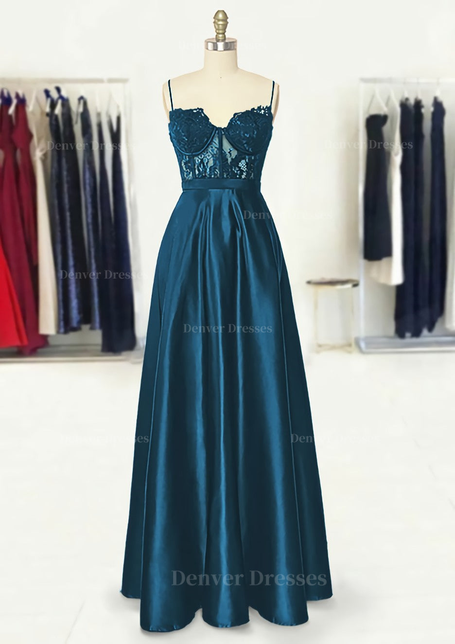 Bridesmaid Dresses Ideas, A-line Sweetheart Spaghetti Straps Long/Floor-Length Satin Prom Dress With Appliqued Pockets